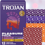 The Trojan Pleasure Pack Variety Condom Sampler by Trojan is shown with 12 lubricated latex condoms in assorted types. Purple, orange, and red individual condom wrappers are displayed next to the box.