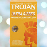 An orange box of Trojan Ultra Ribbed Condoms designed for enhanced stimulation features the helmeted warrior logo and white text, along with the claim "America's #1 Condom." Inside, you'll find 12 lubricated latex condoms.