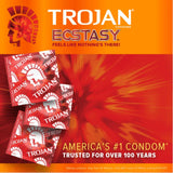 Three red Trojan Ultra Ribbed Ecstasy condom packs on a fiery red and orange background, featuring "Trojan Ecstasy." Experience enhanced pleasure with premium lubricated condoms from Trojan, America's #1 trusted brand for over 100 years.