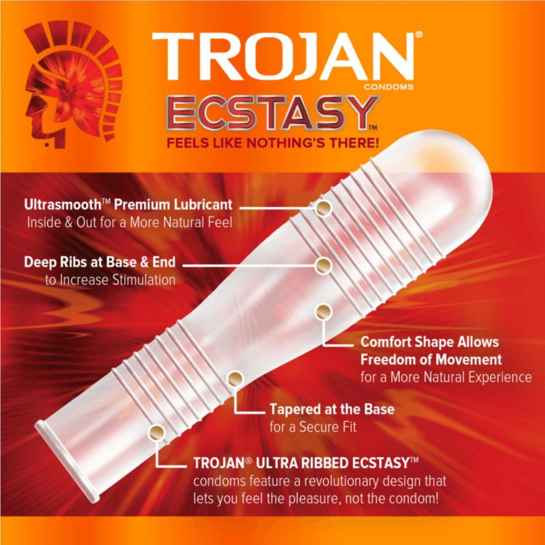 A promotional image for Trojan Ultra Ribbed Ecstasy Condoms by Trojan features labeled details like ribbing, premium lubricant, comfort shape, and a tapered base, all set on an orange background.