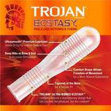 A promotional image for Trojan Ultra Ribbed Ecstasy Condoms by Trojan features labeled details like ribbing, premium lubricant, comfort shape, and a tapered base, all set on an orange background.