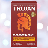 A red box of Trojan Ultra Ribbed Ecstasy Condoms by Trojan, featuring a gold helmet logo. It offers a comfort shape, premium lubricant, and contains 10 lubricated condoms for contraception and STI protection.
