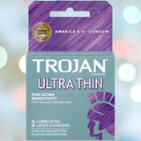 An image of a Trojan Ultra Thin Lubricated Condoms package. The package is purple and teal with white text, displaying "Trojan Ultra Thin Lubricated Condoms," "For Natural Feeling and Increased Sensitivity," and "3 Lubricated Latex Condoms." It also states "Triple Tested" and "America's #1 Condom.