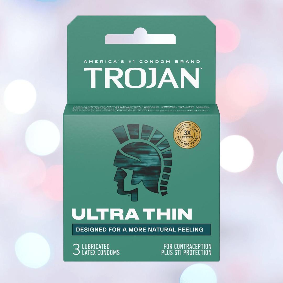 A teal box of Trojan Ultra Thin Lubricated Condoms (3-pack) by Trojan, America’s #1 Condom Brand. These ultra thin, lubricated condoms are designed for a more natural feeling during intimacy.
