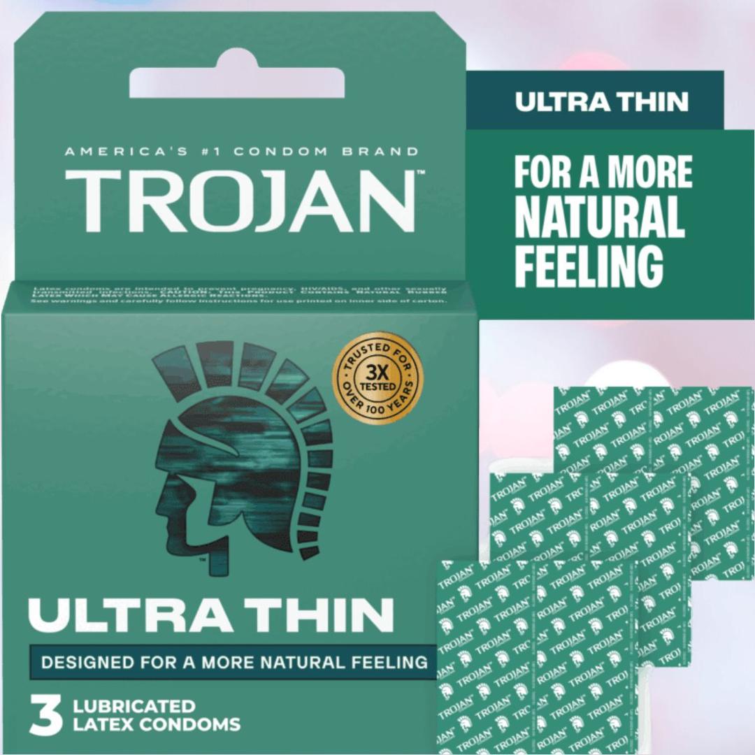 A box of Trojan Ultra Thin Lubricated Condoms by Trojan is shown, with green packaging, the helmet logo, and three wrappers. Text highlights "For a more natural feeling" and "America's #1 condom brand," emphasizing ultra thin design.