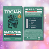 A green box of Trojan Ultra Thin Armor Condoms with Spermicide by Trojan is shown beside its back, highlighting features like ultra thin design, shape, spermicide lubricant, and sensitive latex against a pink bokeh background.