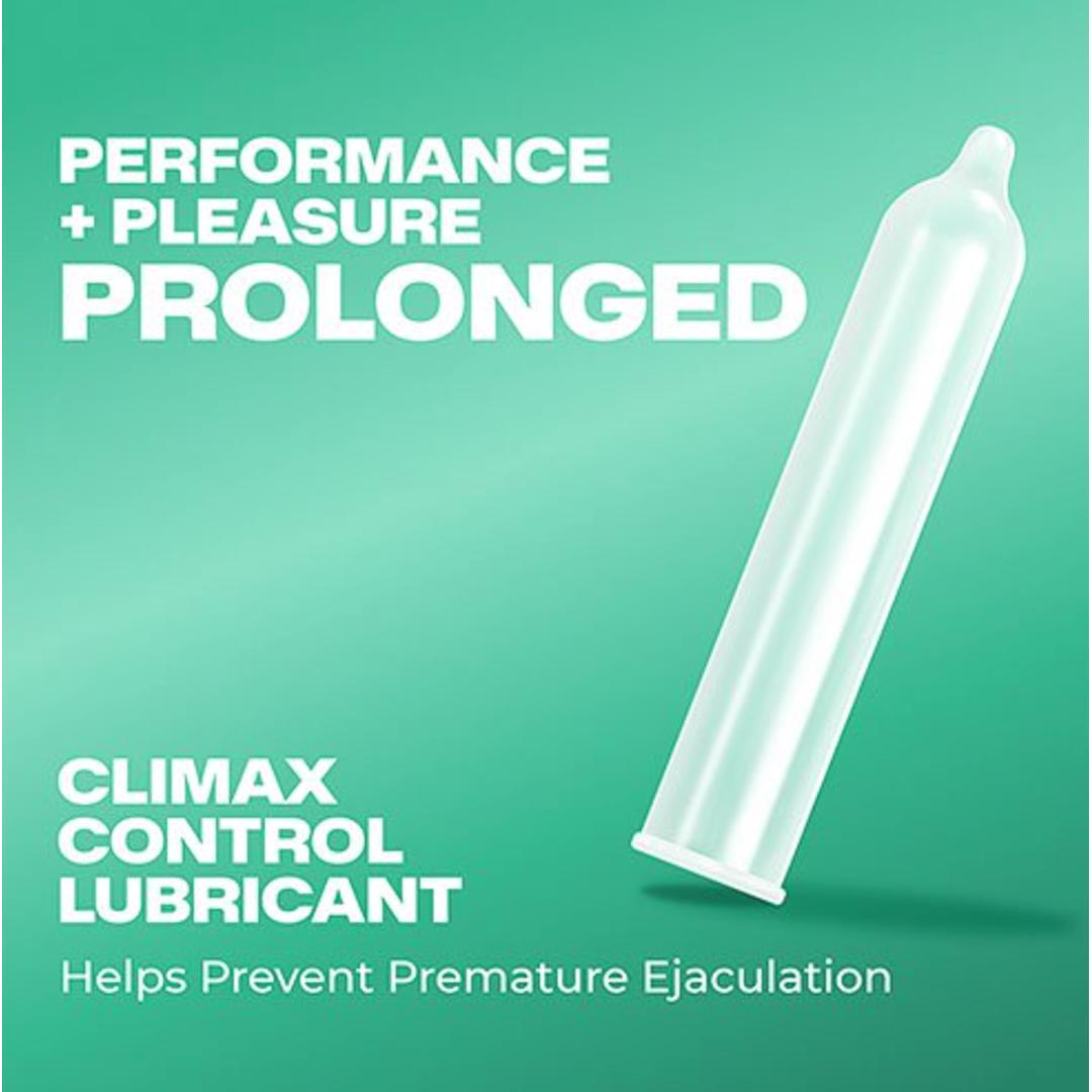 A digital image shows a Trojan Extended Pleasure Climax Control Condom on a green background with the text: "Climax control lubricant in Trojan Extended Pleasure Condoms helps prevent premature ejaculation.