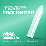 A digital image shows a Trojan Extended Pleasure Climax Control Condom on a green background with the text: "Climax control lubricant in Trojan Extended Pleasure Condoms helps prevent premature ejaculation.