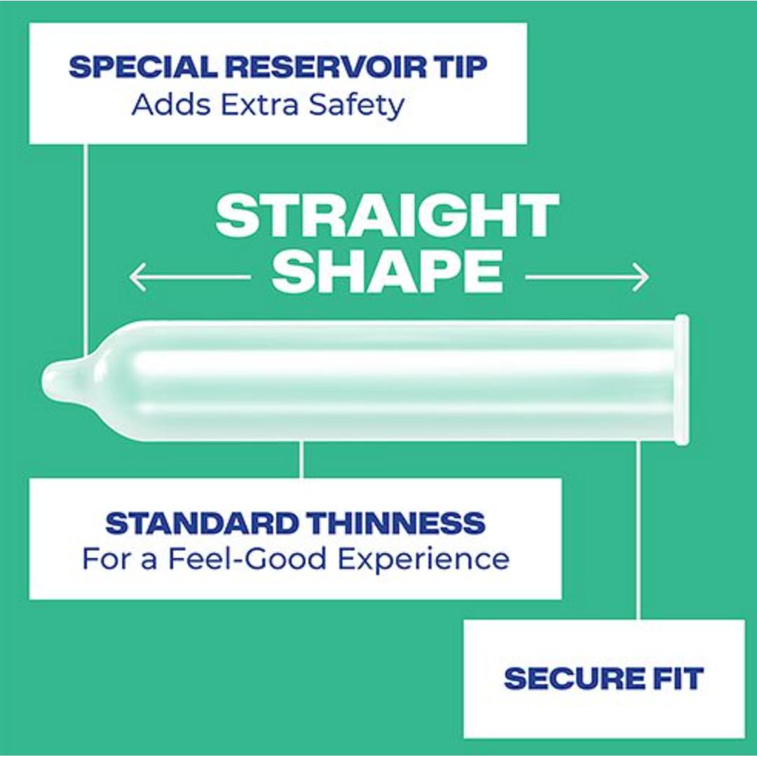 Illustration of Trojan Extended Pleasure Climax Control Condom by Trojan, showing special reservoir tip for extra safety, standard thinness for comfort, and climax control lubricant to help delay climax. Light blue background.