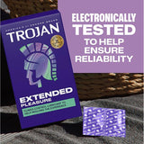 A box of Trojan Extended Pleasure Climax Control Condoms sits beside two wrappers. Text highlights they’re electronically tested for reliability and feature a climax control lubricant to help prevent premature ejaculation.