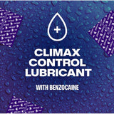 Purple background with water droplets, a large white drop icon with plus sign, and bold “Trojan Extended Pleasure Climax Control Condoms” text to help prevent premature ejaculation. Corners show partially visible purple Trojan condom wrappers.