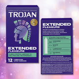 Trojan Extended Pleasure Climax Control Condoms box and back are shown. The purple packaging displays the Trojan helmet and promotes climax control lubricant to help delay ejaculation. Includes 12 lubricated latex condoms.