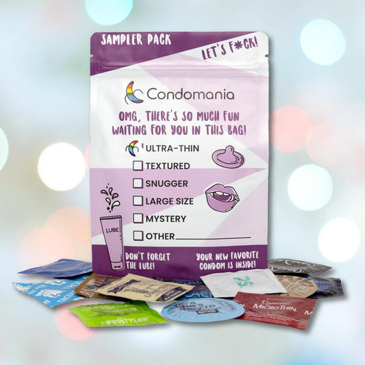 The "Ultra Thin Condom Sampler" from Condomania is showcased with playful packaging featuring text and icons, against a vibrant bokeh background, displaying an array of leading ultra-thin condom brands. 1080