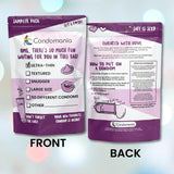 Front and back views of the colorful Ultra Thin Condom Sampler by Condomania highlight ultra-thin and textured options. The back offers illustrated usage instructions focusing on safety, while a vibrant purple and white design showcases variety from leading condom brands.