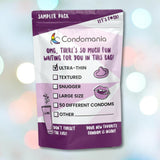 The Ultra Thin Condom Sampler by Condomania offers a diverse selection of "Ultra-thin," "Textured," and "Snugger" condoms, totaling 50 from leading brands. The pack reminds users to bring lube for unforgettable OMG moments.