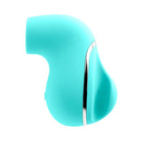 The VeDO Suki - Turquoise Air Suction Clit Stimulator by VeDO is a small, ergonomically shaped handheld device with a metallic strip running along the side. It features a smooth and sleek design with a nozzle-like opening at one end. Crafted from silky-smooth silicone, this modern and compact stimulator offers vibrating suction modes.