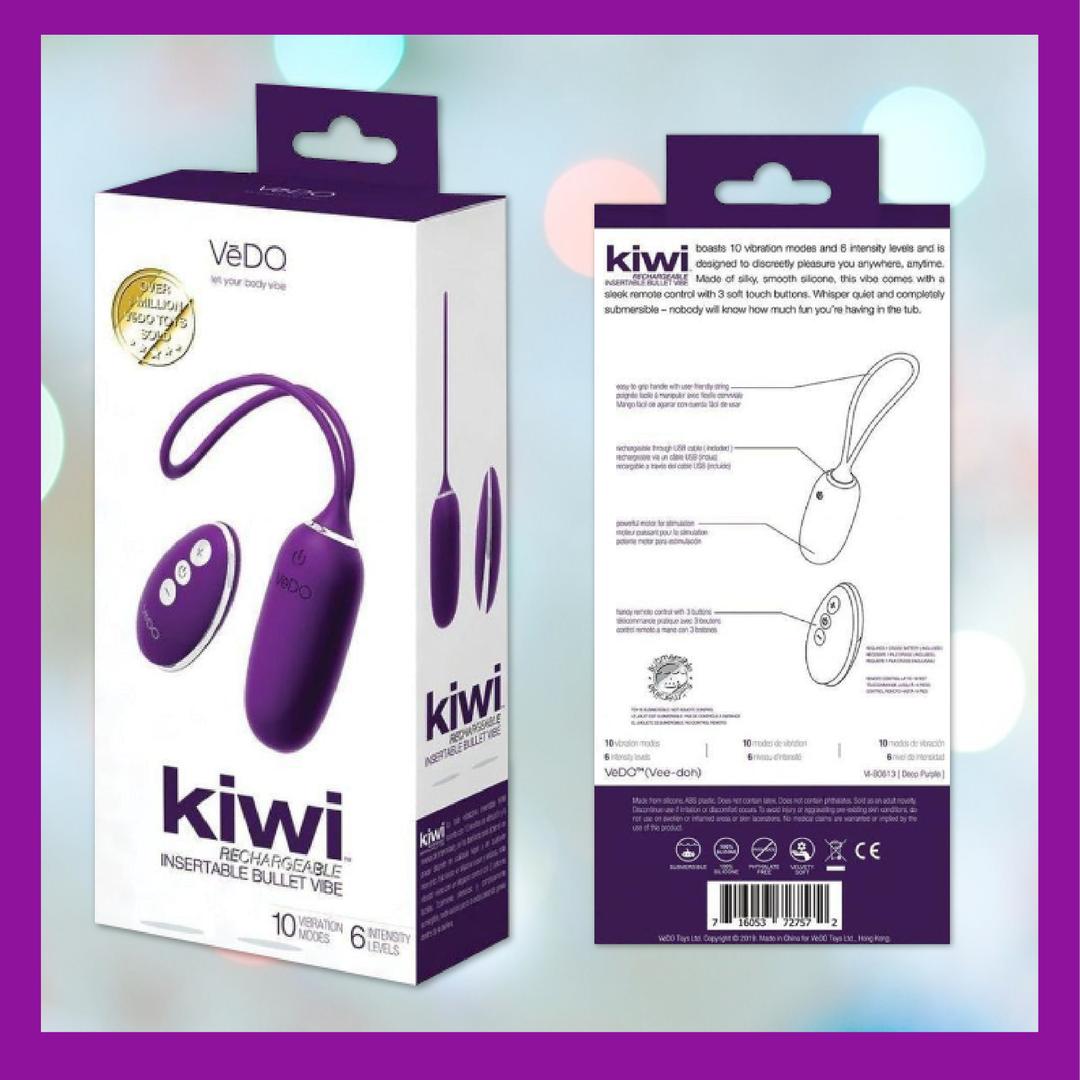 The image shows a boxed "VeDO Kiwi Bullet - Purple," a USB rechargeable bullet vibrator with remote control. Product details and features are on the back of the box.