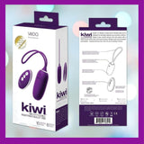 The image shows a boxed "VeDO Kiwi Bullet - Purple," a USB rechargeable bullet vibrator with remote control. Product details and features are on the back of the box.