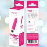 The packaging for the VeDO Bam Mini Rechargeable Bullet Vibrator in pink is shown, featuring product images and descriptions. The box highlights its compact, discreet design and 10 vibration modes.