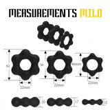 The image features the Velv'Or Rooster Milo Set of 3 Soft Silicone Cock Rings alongside a plug with floral shapes. The cock rings have outer diameters of 62mm, 56mm, and 46mm, with an inner diameter of 22mm for a snug fit. The plug dimensions are 20mm, 17mm, and 12mm. Text reads "MEASUREMENTS for ROOSTER Milo.”