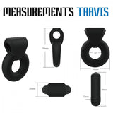 A diagram provides the dimensions of the Velv'Or Rooster Travis Hard Silicone Vibrating Bullet Cock Ring in various views. Measurements displayed are 70mm, 52mm, 22mm, 25mm, 59mm, and 17mm. The words "MEASUREMENTS" and the product name "TRAVIS" appear prominently at the top.