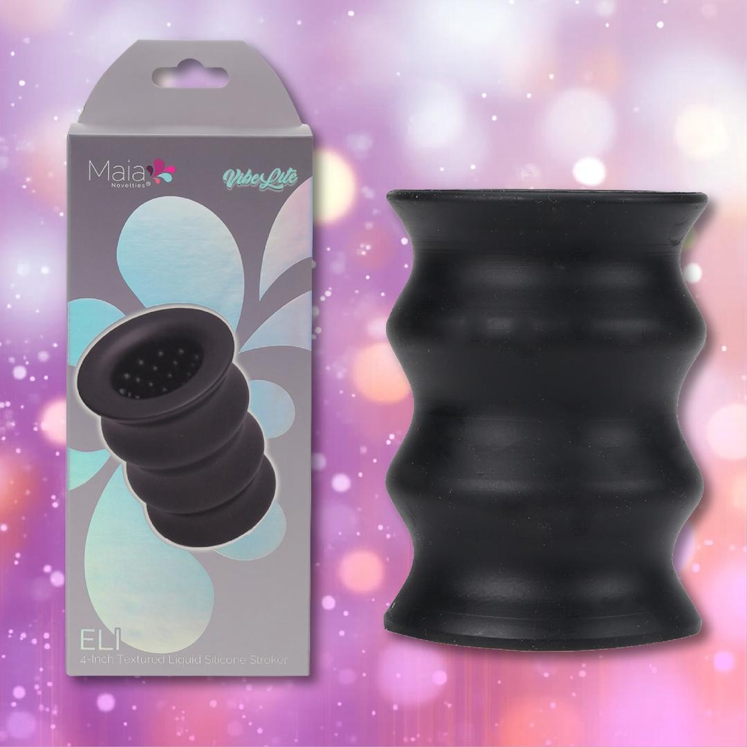 ELI Vibelite 4-inch Textured Liquid Silicone Masturbation Stroker in black with a nubby interior shown next to its product packaging.
