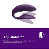 An image of the purple We-Vibe Sync 2 Couples Vibrator with App is shown, featuring a sleek and curved design. Accompanied by text that states "Adjustable fit" and highlights its "Soft edges and sleek design means Sync 2 slips inside comfortably," the product promises shared pleasure for seamless wear.