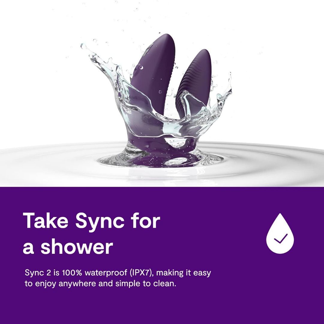 A purple We-Vibe Sync 2 Couples Vibrator with App makes a splash in water above the text, "Take Sync for a shower." The message continues, "The We-Vibe Sync 2 is 100% waterproof (IPX7), ideal for shared pleasure and easy to clean," accompanied by a checkmark icon.