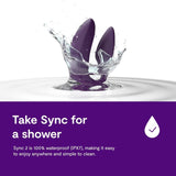 A purple We-Vibe Sync 2 Couples Vibrator with App makes a splash in water above the text, "Take Sync for a shower." The message continues, "The We-Vibe Sync 2 is 100% waterproof (IPX7), ideal for shared pleasure and easy to clean," accompanied by a checkmark icon.