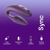 A purple device named "We-Vibe Sync 2 Couples Vibrator with App" is displayed against a purple wavy background. Below it, icons illustrate its features: dual stimulation, shared pleasure through its ergonomic design, app compatibility for enhanced couple experiences, and remote control functionality.
