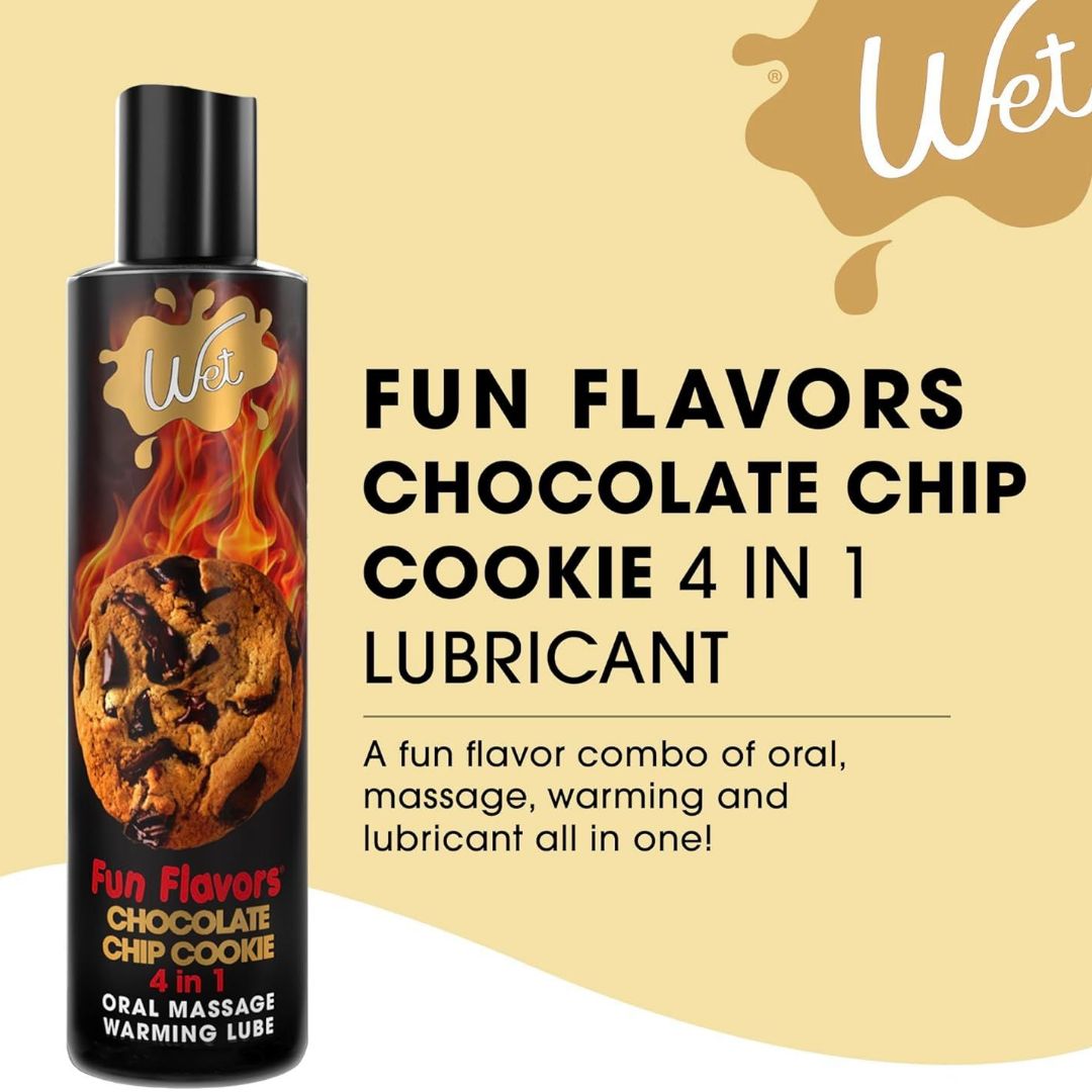 A 3oz bottle of Wet Desserts 'Chocolate Chip Cookie' Warming Lubricant features a tempting image of a chocolate chip cookie. Ideal for oral fun, massage, and lubrication, this warming lubricant offers a delectable experience.