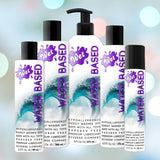 A collection of Wet Original Gel Water-Based Lubricant bottles in various sizes, set against a light background. The bottles display a splash design with purple accents, and the labels emphasize that the product is hypoallergenic, paraben-free, and compatible with sex toys.