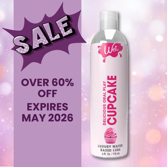 A sparkling pink background showcases Wet’s Cupcake Flavored Water-Based Lube, now over 60% OFF—expires May 2026. Don’t miss this irresistible oral play deal from Wet!. 1080