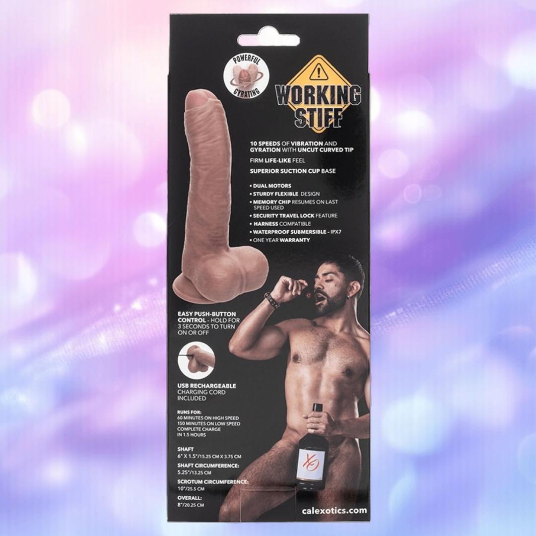 The image features packaging for the CalExotics "Working Stiff The Gyrating Bartender" waterproof vibrator, displaying product features and a shirtless man holding a bottle against a soft purple bokeh background.