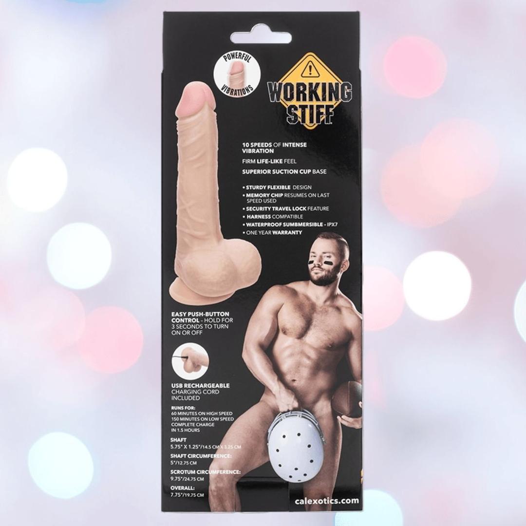 A product box for "Working Stiff The Vibrating Quarterback" by CalExotics showcases a realistic, vibrating silicone dildo with suction base, detailed specs, and an image of a muscular bearded man in underwear.