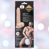 A product box for "Working Stiff The Vibrating Quarterback" by CalExotics showcases a realistic, vibrating silicone dildo with suction base, detailed specs, and an image of a muscular bearded man in underwear.