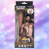 The CalExotics Working Stiff The Gyrating Bartender box shows a realistic dildo with powerful movement, plus an image of a smiling bearded man with a bottle against a vibrant purple and blue background.