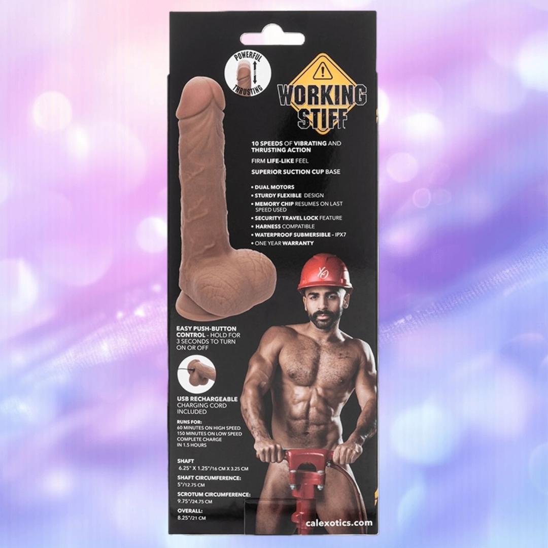 The CalExotics "Working Stiff The Thrusting Jack Hammer" box features a muscular man in a red construction helmet and tool belt, plus a realistic thrusting sex toy with details about its rechargeable waterproof vibrator functions.