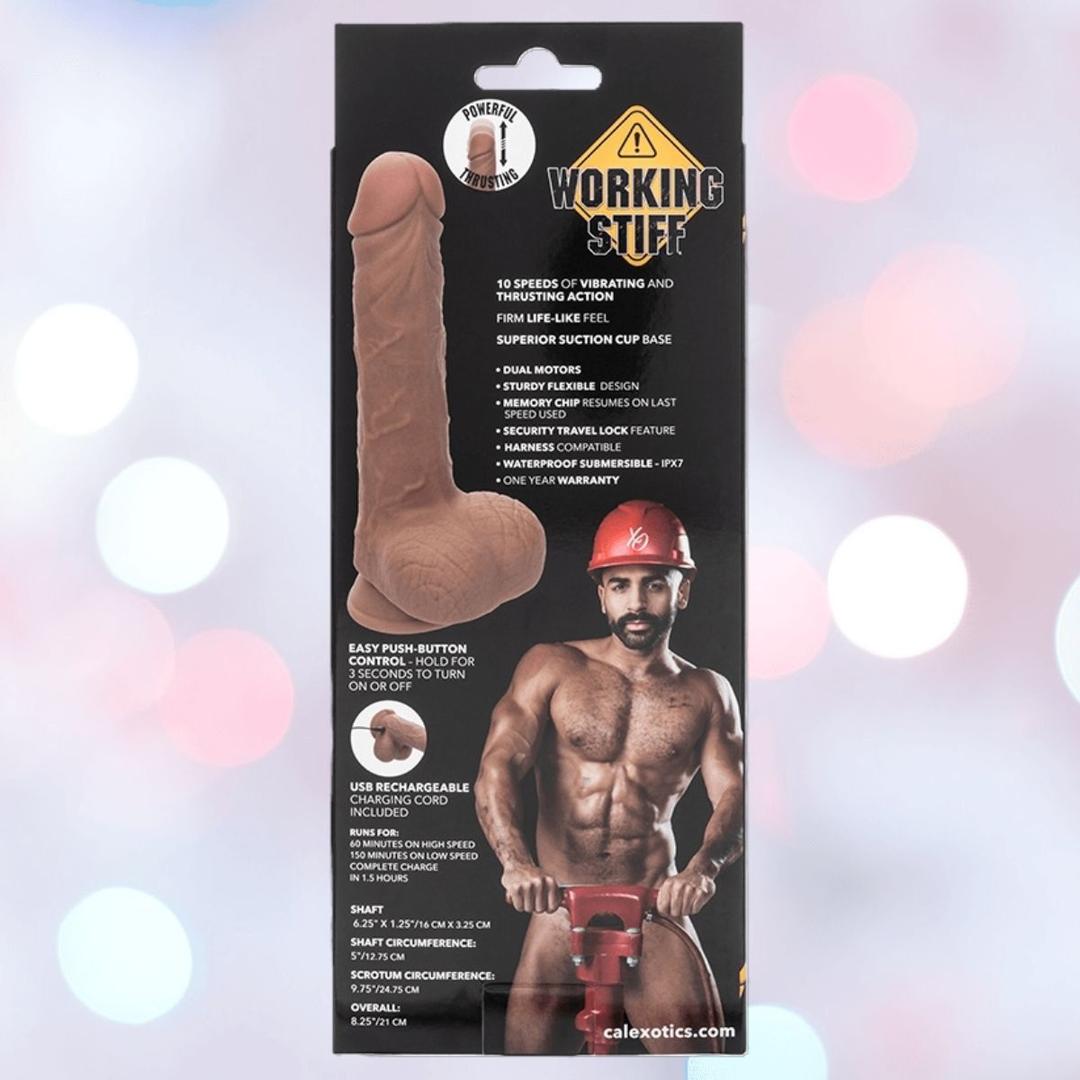 The package for CalExotics' "Working Stiff The Thrusting Jack Hammer" shows a shirtless man in a construction hat with a jackhammer and highlights this realistic silicone dildo's 10 speeds, thrusting action, vibrations, and suction base.