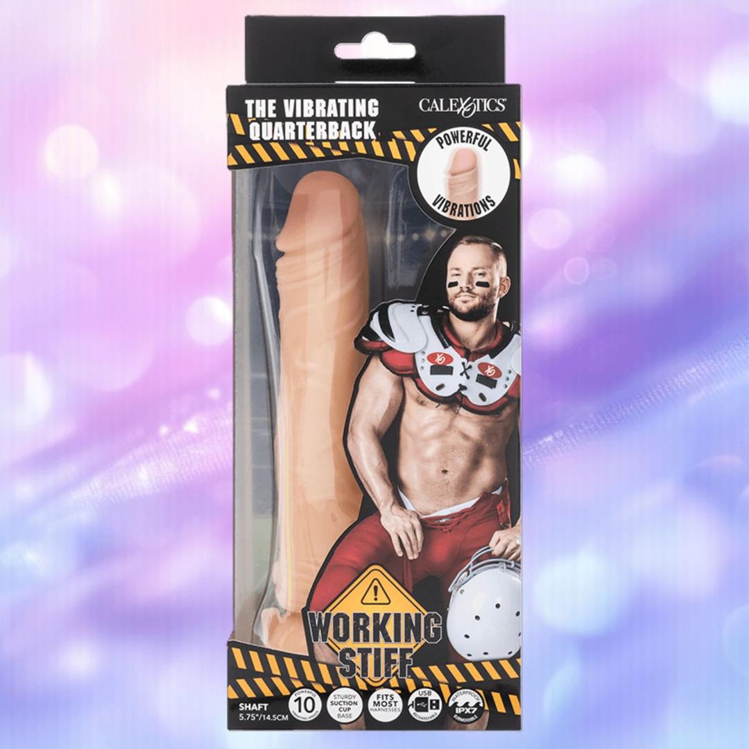 The Working Stiff The Vibrating Quarterback Dildo by CalExotics comes boxed with art of a muscular football player and features a flesh-colored, lifelike vibrator shaped like a realistic penis—the perfect vibrating quarterback toy.