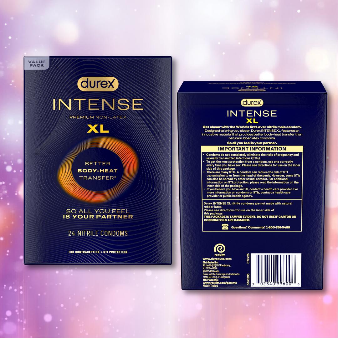 Front and back of a Durex Intense Nitrile XL (Non-Latex) Condoms box, 24-count, extra-large fit. Highlights "Better Body-Heat Transfer" and "So All You Feel is Your Partner," plus product details and instructions.