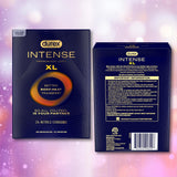 Front and back of a Durex Intense Nitrile XL (Non-Latex) Condoms box, 24-count, extra-large fit. Highlights "Better Body-Heat Transfer" and "So All You Feel is Your Partner," plus product details and instructions.