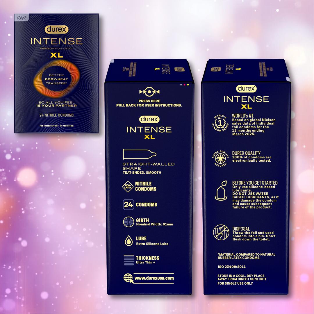 Durex Intense Nitrile XL (Non-Latex) Condoms packaging features front and side panels with the product name, extra-large fit, 24 nitrile condoms, usage instructions, and a glowing ring on a purple background.