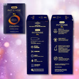 Durex Intense Nitrile XL (Non-Latex) Condoms packaging features front and side panels with the product name, extra-large fit, 24 nitrile condoms, usage instructions, and a glowing ring on a purple background.