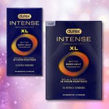 Two boxes of Durex Intense Nitrile XL (Non-Latex) Condoms are shown against a purple, pink, and white bokeh background. The packaging highlights "Better Body-Heat Transfer™" and their extra-large fit.
