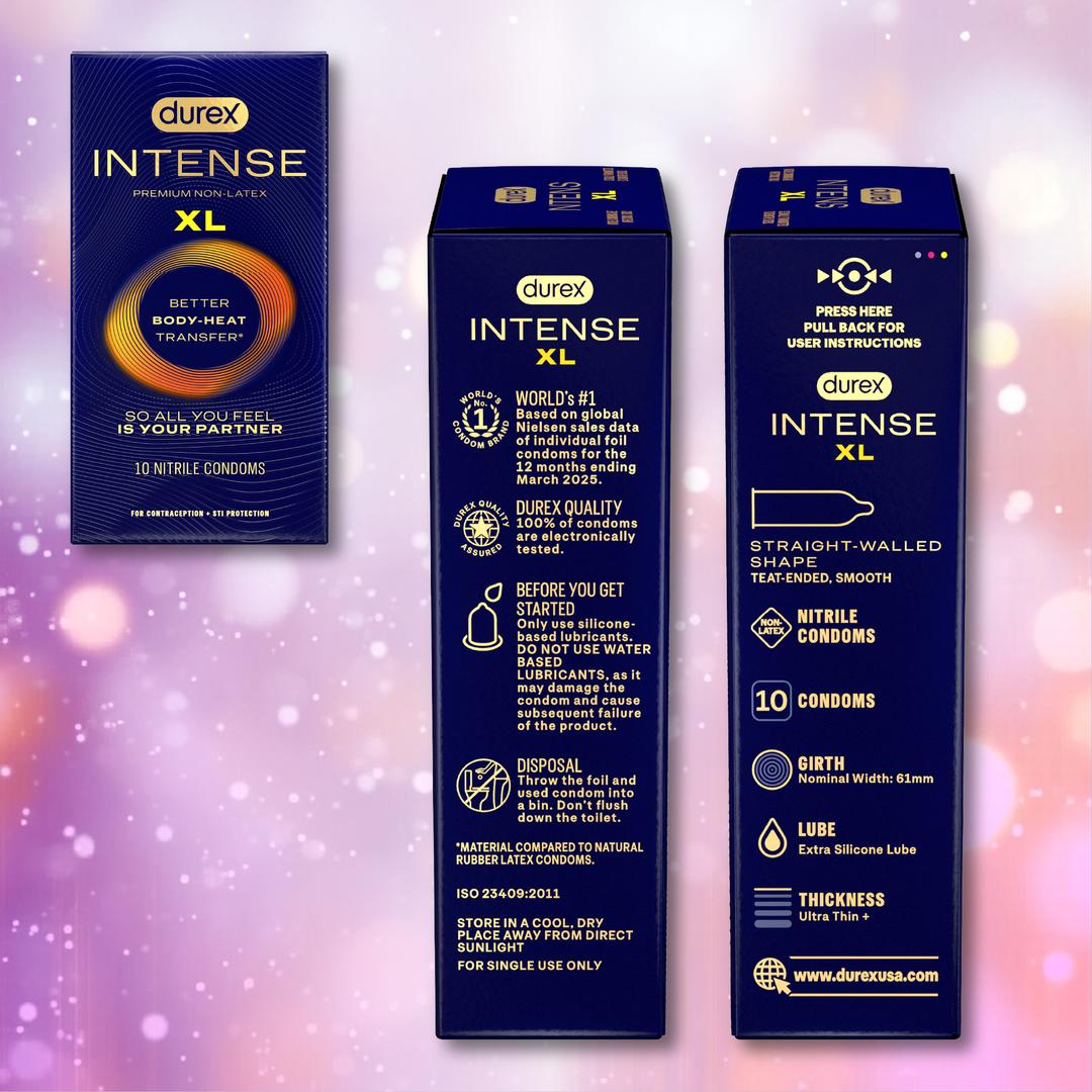 Image displays the front, back, and side of a Durex Intense Nitrile XL condom box in navy blue and gold, highlighting its extra-large non-latex fit, premium nitrile material, 10 condoms per box, and detailed product descriptions.
