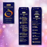 Image displays the front, back, and side of a Durex Intense Nitrile XL condom box in navy blue and gold, highlighting its extra-large non-latex fit, premium nitrile material, 10 condoms per box, and detailed product descriptions.