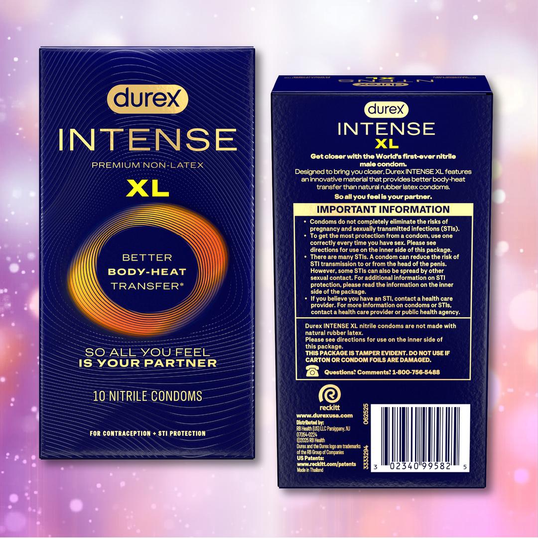 Two boxes of Durex Intense Nitrile XL (Non-Latex) Condoms are displayed—one showing the Durex branding and XL size, the other the usage instructions—set against a soft, sparkly pink background.
