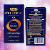 Two boxes of Durex Intense Nitrile XL (Non-Latex) Condoms are displayed—one showing the Durex branding and XL size, the other the usage instructions—set against a soft, sparkly pink background.