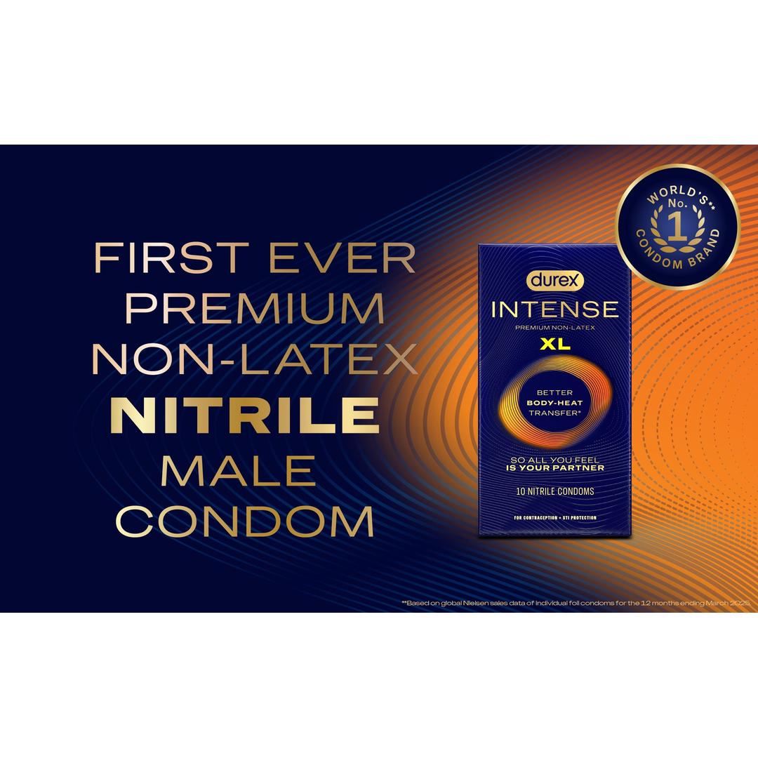 A Durex ad with a blue-orange gradient background showcases Durex Intense Nitrile XL (Non-Latex) Condoms, featuring an extra-large fit. Text: “First ever premium non-latex nitrile male condom.”.